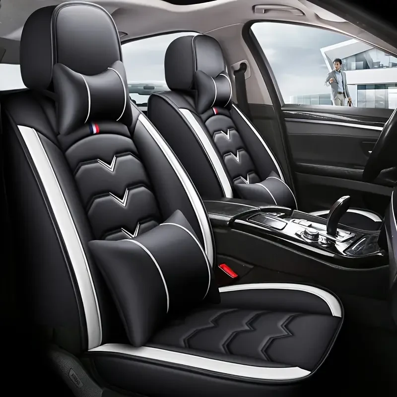 Universal Faux Leather Car Seat Cover Set All-Season, Full Surround for 5-Seaters