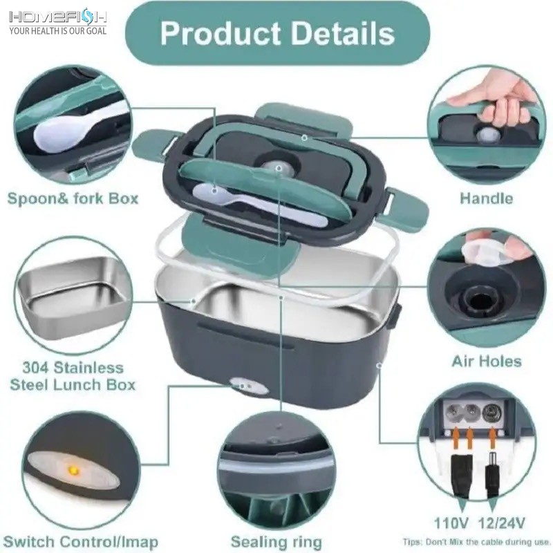 HOMEFISH 1.5L Electric Lunch Box Food Warmer Portable 60W Food Heater with Leak-Proof 304 Stainless Steel Liner