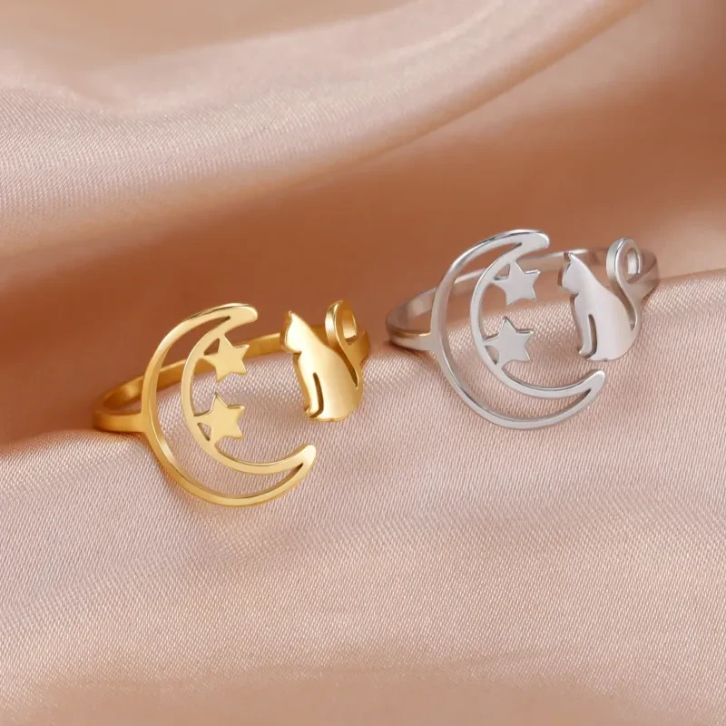 Personalized Simple Women's Crescent Star Cat Ring