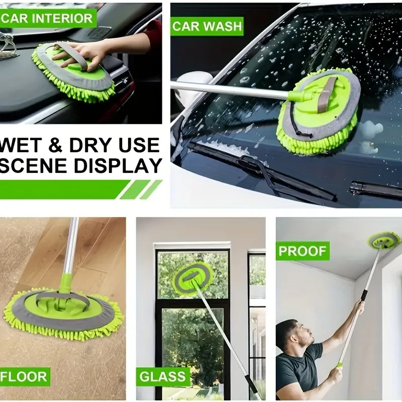 2-in-1 Chenille Microfiber Car Wash Mop & Brush Set with Replaceable Cloth Cover - Long Handle, Scratch-Free Cleaning for Cars, Bathrooms, and More