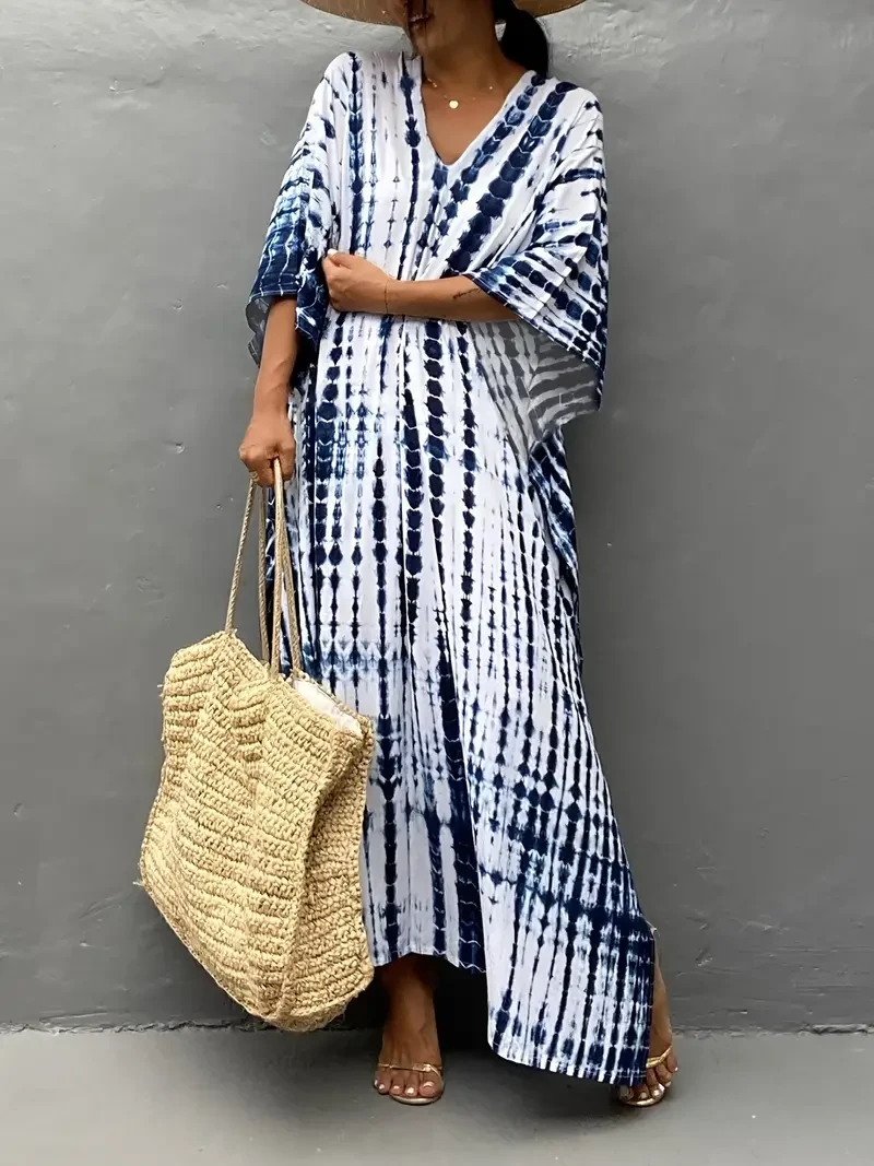 Bohemian Tie-Dye Print Kaftan Beach Cover Up Dress, Loose Women's Swimwear Robe, Casual Summer Style