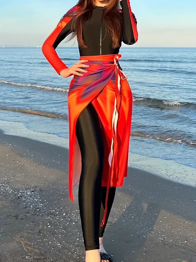 Women's 3-Piece Swimwear Set with Long Sleeve Flame-Print One-Piece, Side-Tie Cover-Up & Zippered Neckline Chic Beach Ensemble