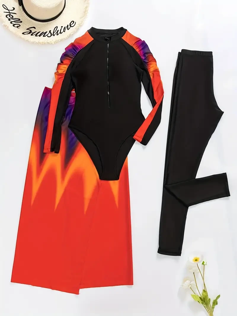 Women's 3-Piece Swimwear Set with Long Sleeve Flame-Print One-Piece, Side-Tie Cover-Up & Zippered Neckline Chic Beach Ensemble