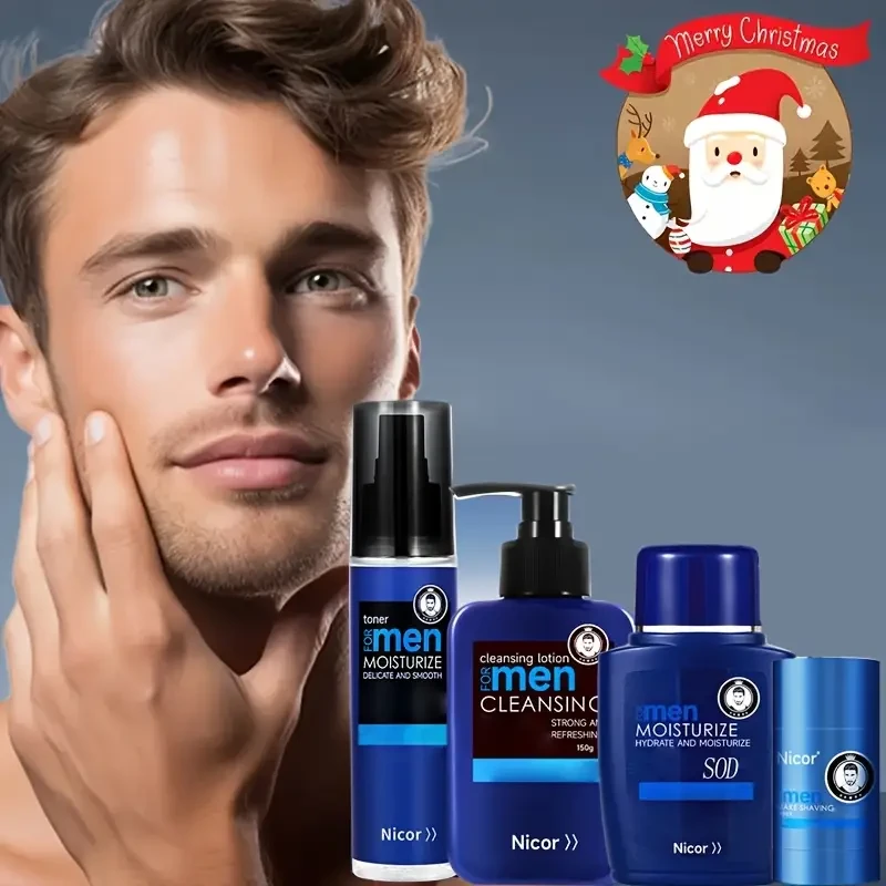 Nicor Men's 4pcs Skincare Set - Hydrating Face Wash, Moisturizing Cream, Toner & Shaving Stick, Day & Night Care, Cleansing & Hydration for All Skin Types with Collagen, Hypoallergenic & Paraben-Free, Skin Care Accessories