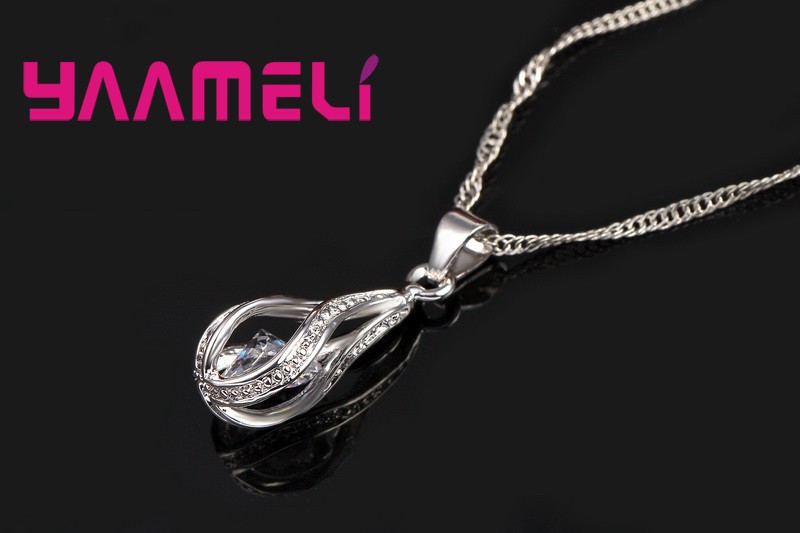 Water Drop CZ Sterling Silver Jewelry Set Pendant Necklace & Hoop Earrings for Women