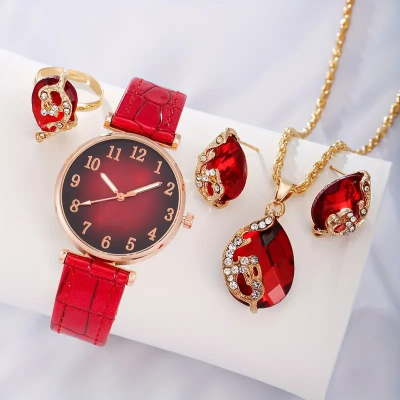 Womens Casual Leaf Quartz Watch & Jewelry Set