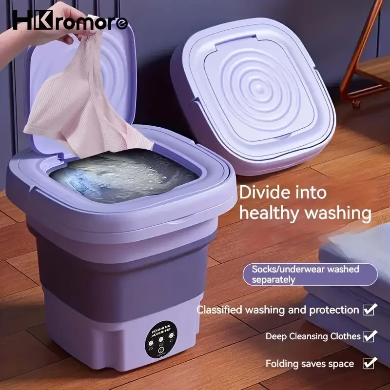 HKromore 8L Portable Folding Washing Machine With Collapsible Bucket, 3 Modes Effective Steri-lizing, Suitable For Apartment, Laundry, Camping, RV, Travel, Underwear Bra Socks Washing Machine