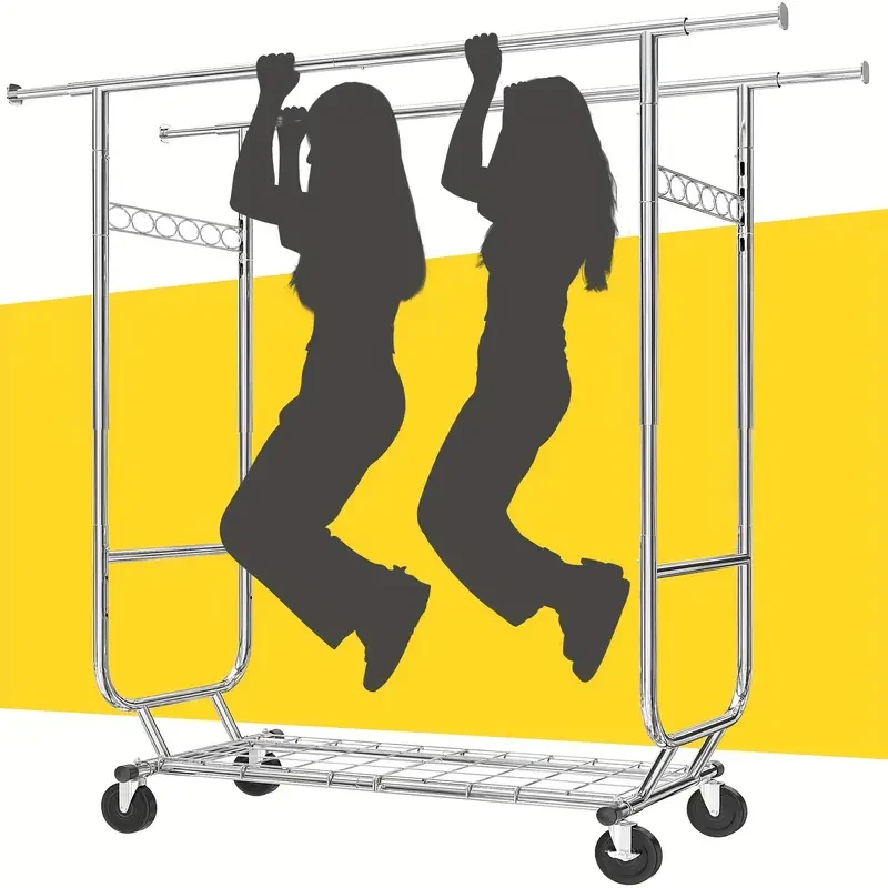 The Heavy-Duty Rolling Clothes Rack with Wheels provides a versatile, sturdy solution for organizing and displaying clothes. With a height-adjustable design, smooth-rolling wheels, and utility hooks, its perfect for everything from personal storage to re