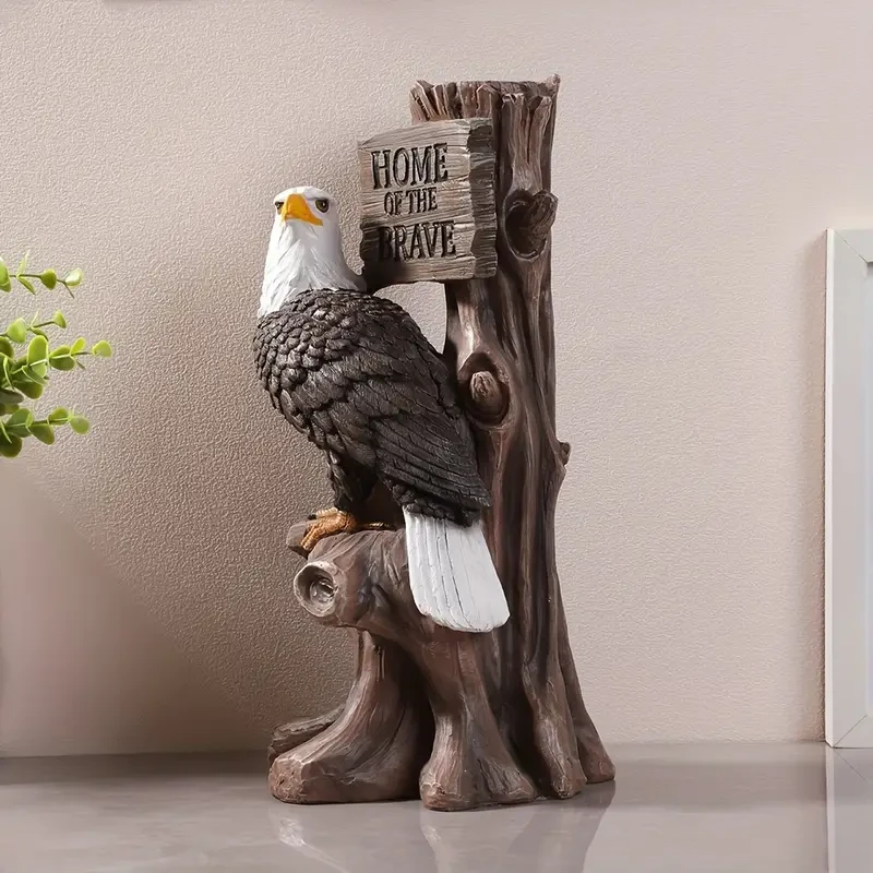 Majestic Eagle, Patriotic American Bald Eagle Statue with 'Brave Home' Sign