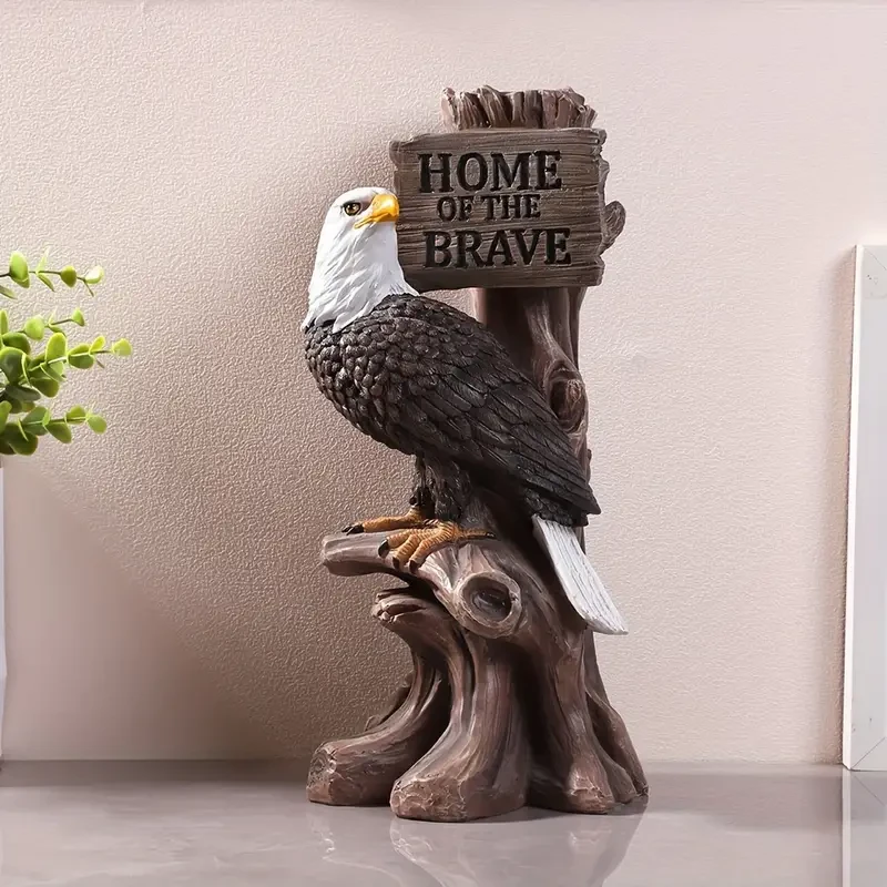 Majestic Eagle, Patriotic American Bald Eagle Statue with 'Brave Home' Sign