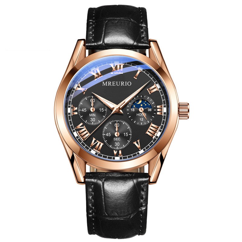 Business Mens Watch Faux Three-Eye Roman Numeral Dial with Leather Strap