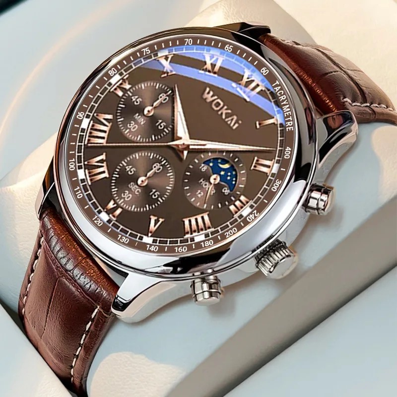 Business Mens Watch Faux Three-Eye Roman Numeral Dial with Leather Strap