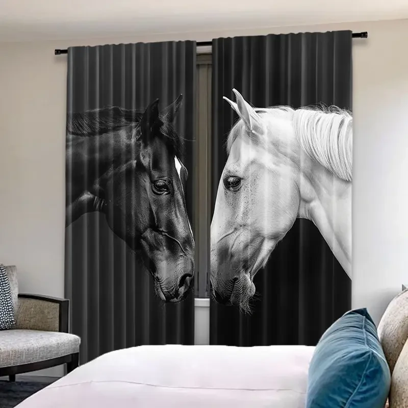 2pcs Set 3D Horse Print Curtains - Rod Pocket, Semi-Sheer Window