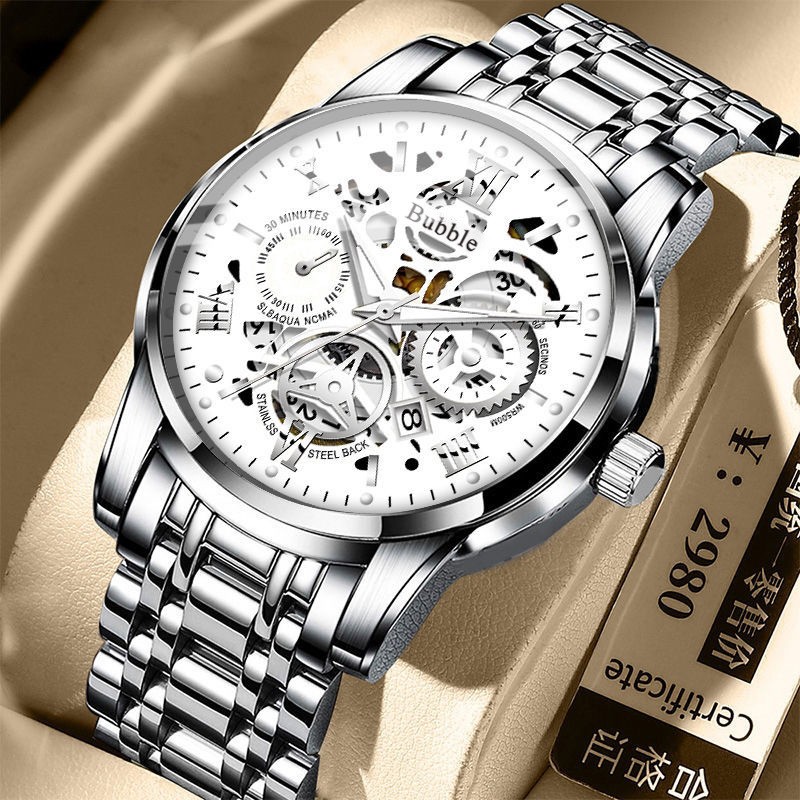 UTHAI Men's Luxury Quartz Watch  Versatile Waterproof Roman Hollow Dial