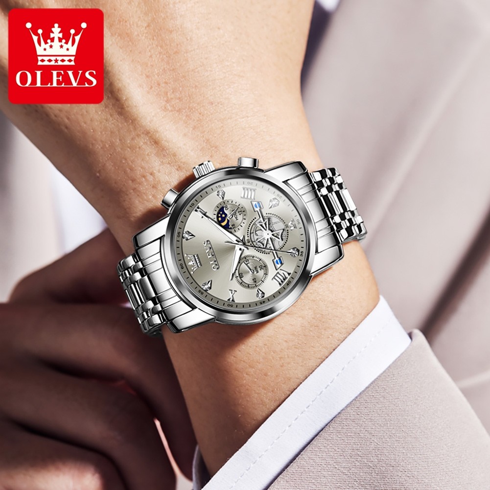 OLEVS Mens Classic Multifunction Quartz Watch Flywheel Chronograph with Moon Phase & 24-Hour Display