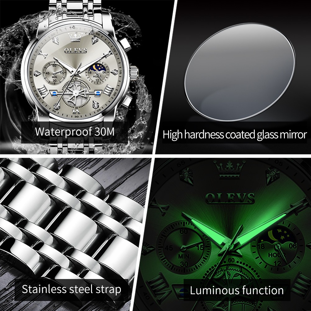 OLEVS Mens Classic Multifunction Quartz Watch Flywheel Chronograph with Moon Phase & 24-Hour Display