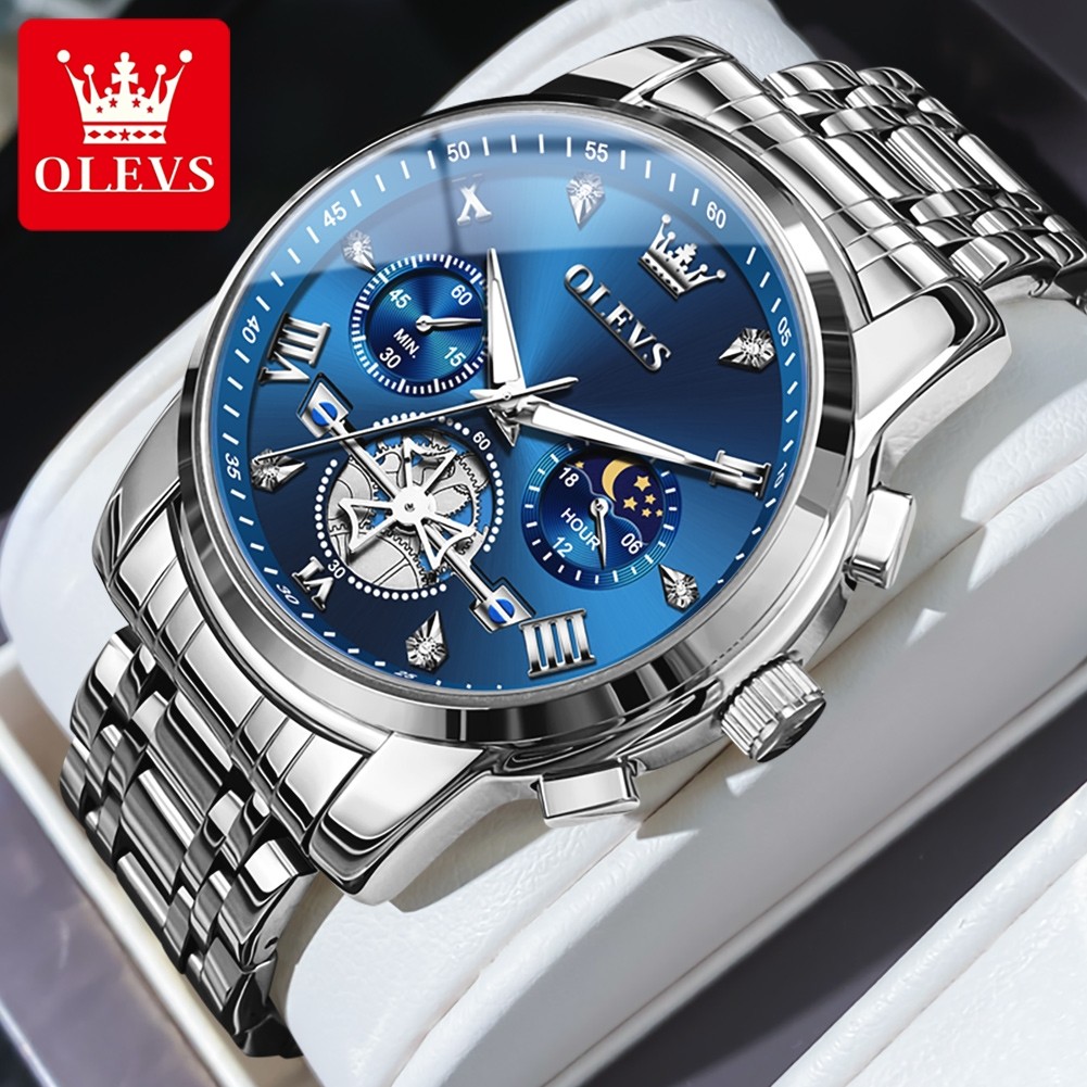 OLEVS Mens Classic Multifunction Quartz Watch Flywheel Chronograph with Moon Phase & 24-Hour Display