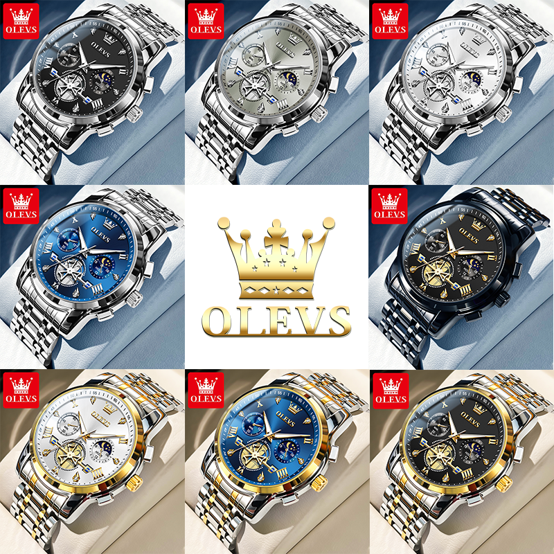 OLEVS Mens Classic Multifunction Quartz Watch Flywheel Chronograph with Moon Phase & 24-Hour Display