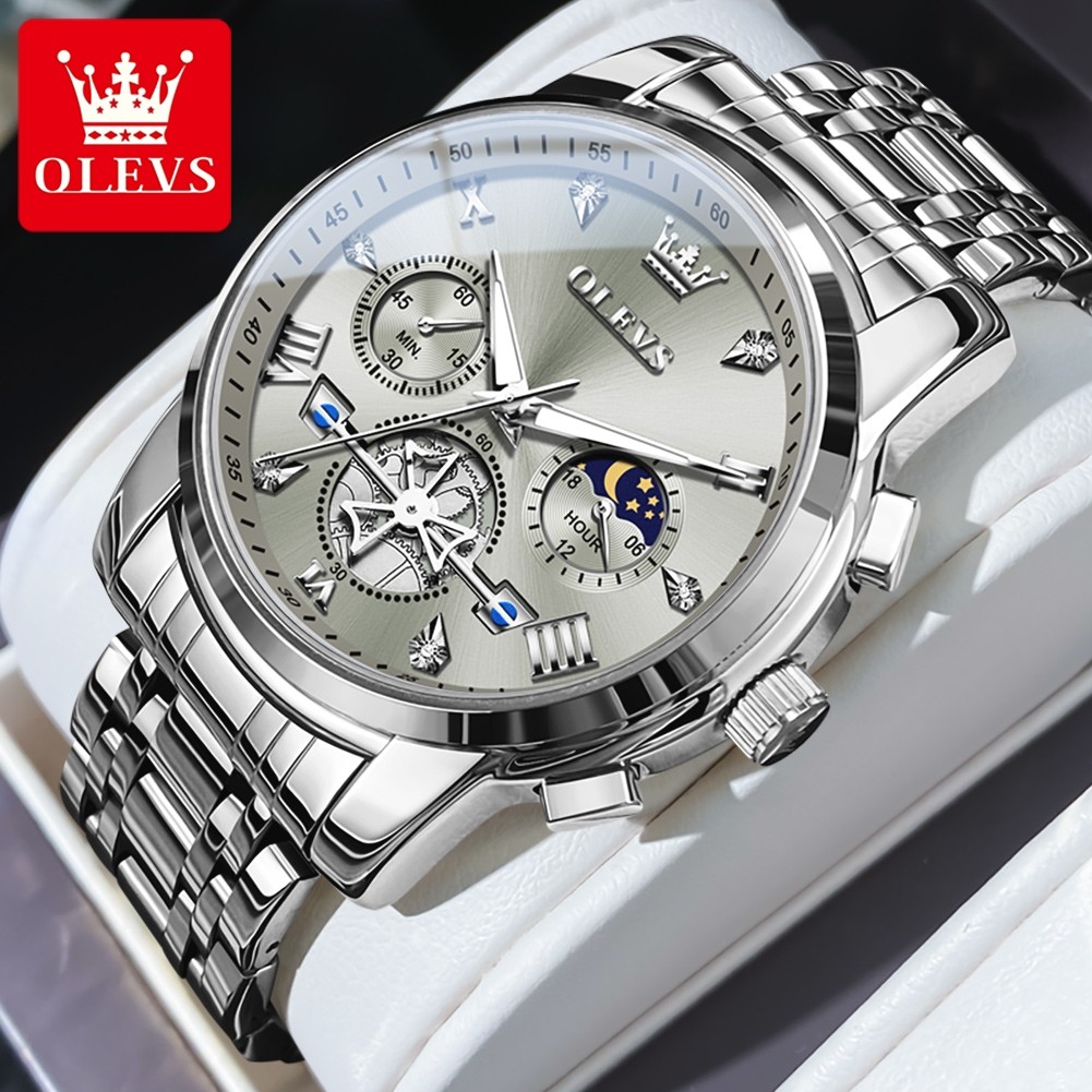 OLEVS Mens Classic Multifunction Quartz Watch Flywheel Chronograph with Moon Phase & 24-Hour Display