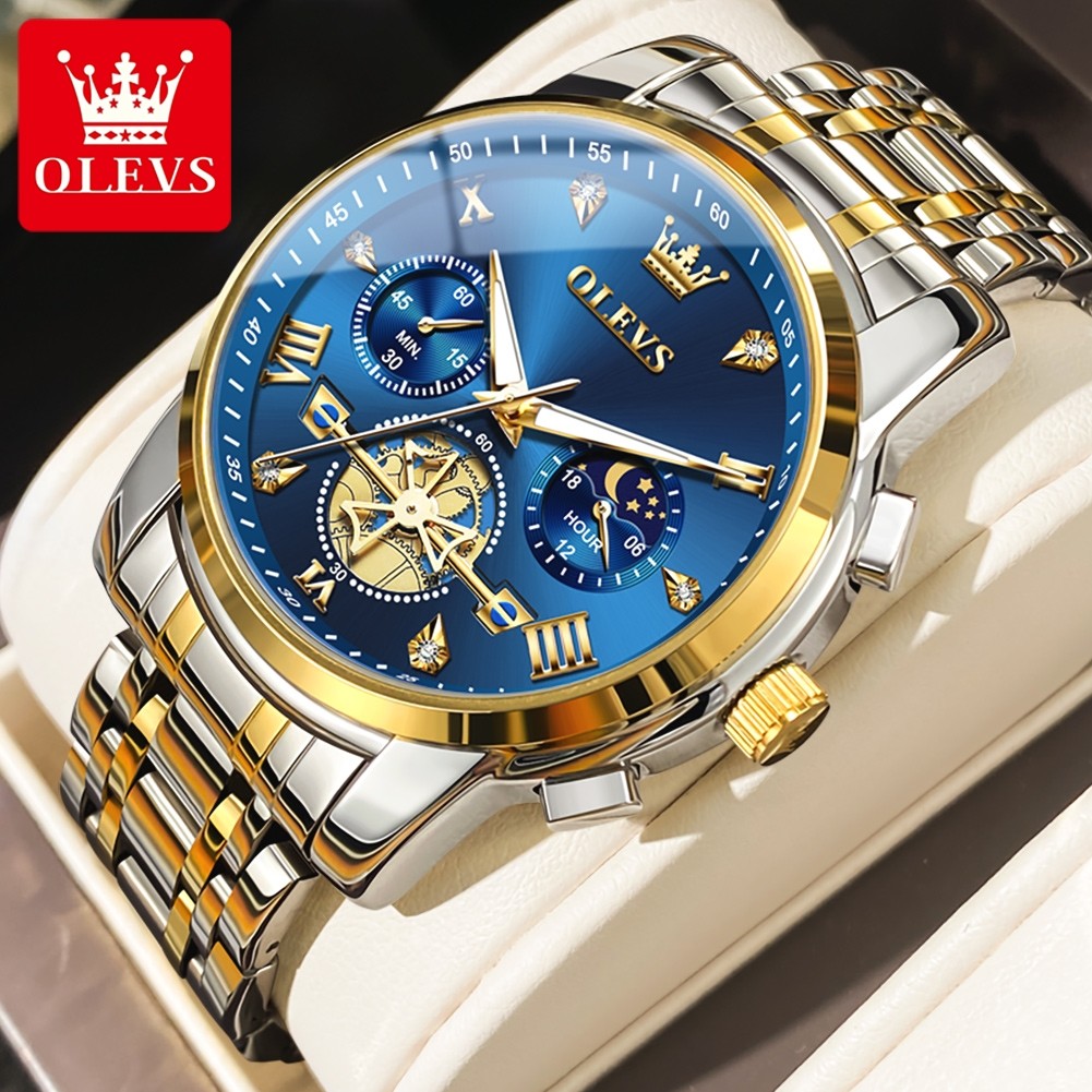 OLEVS Mens Classic Multifunction Quartz Watch Flywheel Chronograph with Moon Phase & 24-Hour Display
