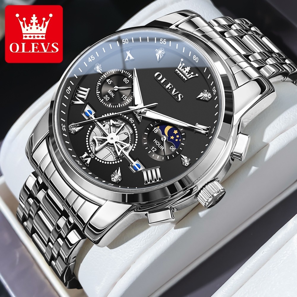 OLEVS Mens Classic Multifunction Quartz Watch Flywheel Chronograph with Moon Phase & 24-Hour Display