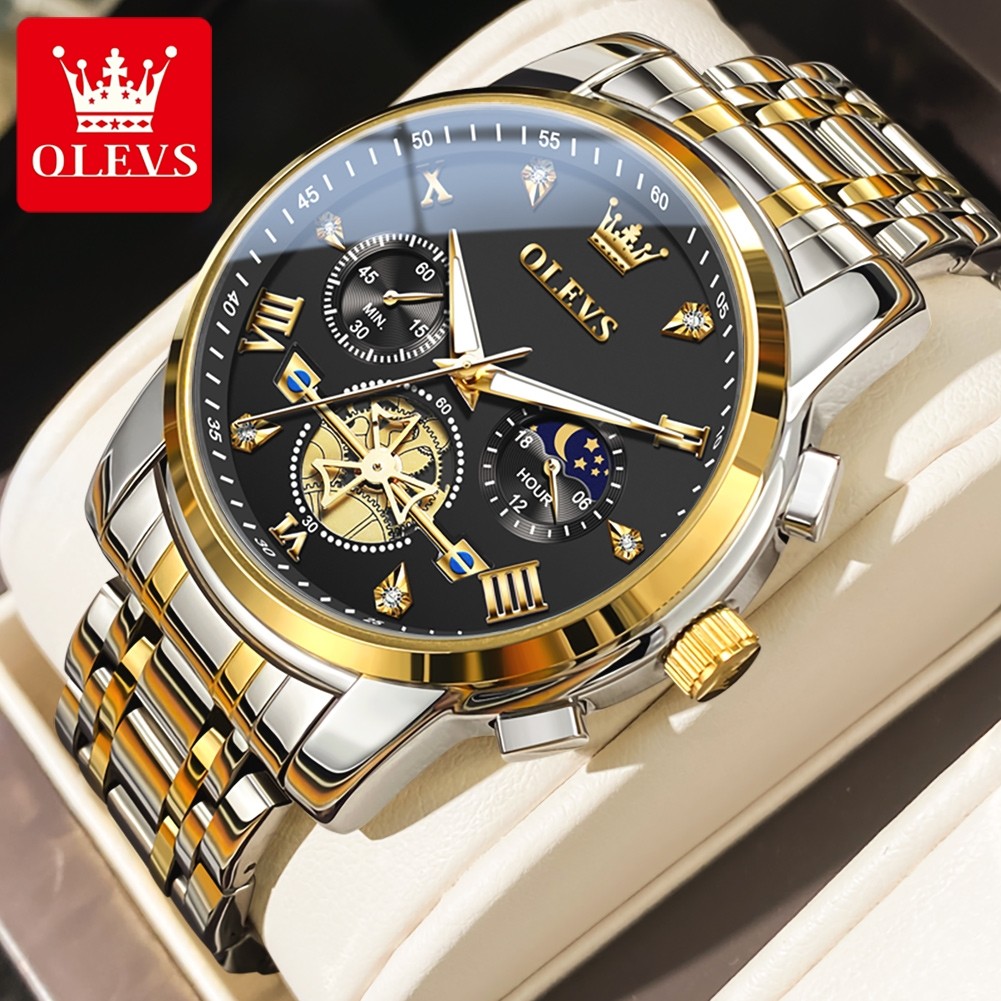 OLEVS Mens Classic Multifunction Quartz Watch Flywheel Chronograph with Moon Phase & 24-Hour Display