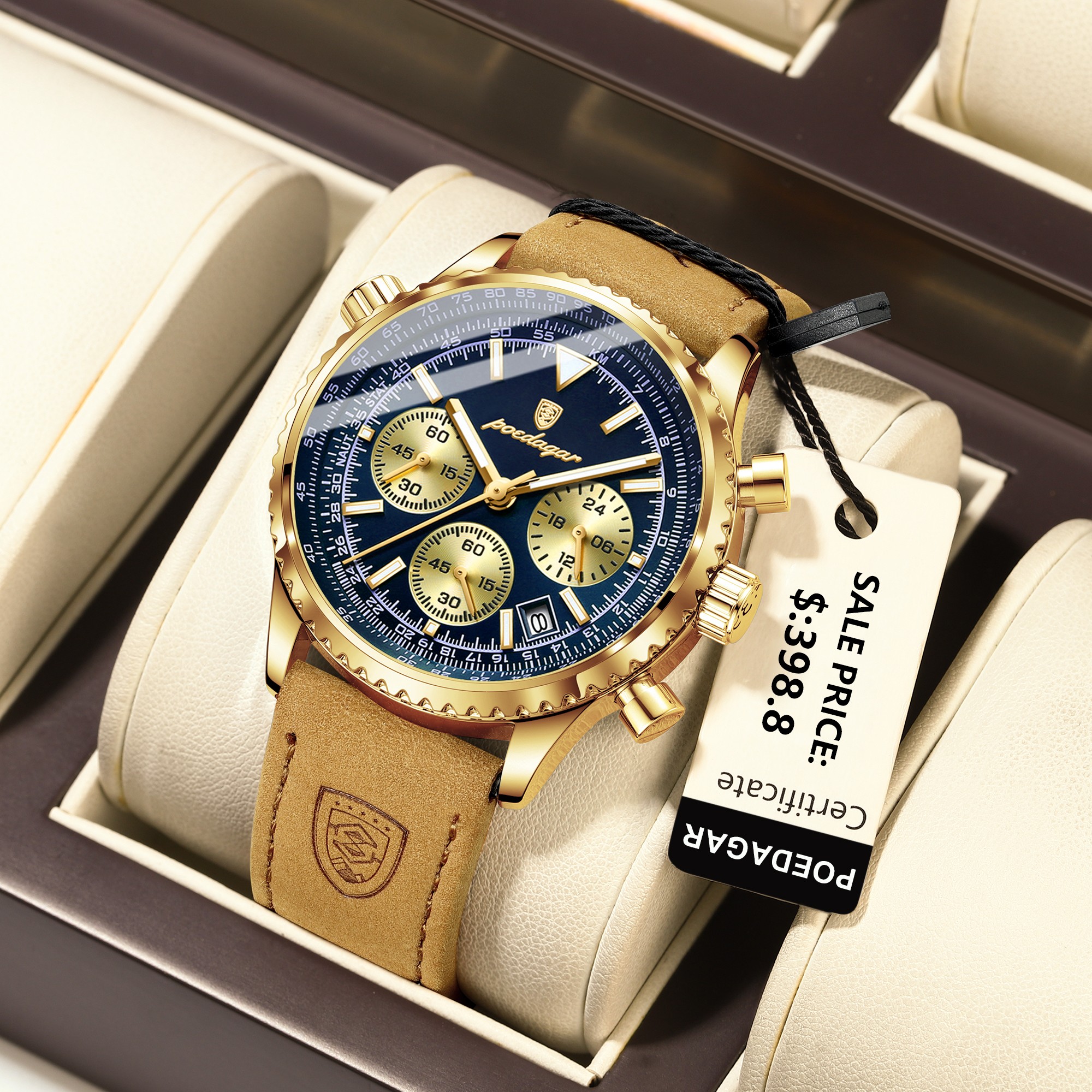 POEDAGAR Luxury Mens Quartz Watch Waterproof Luminous Chronograph with Date & Leather Strap