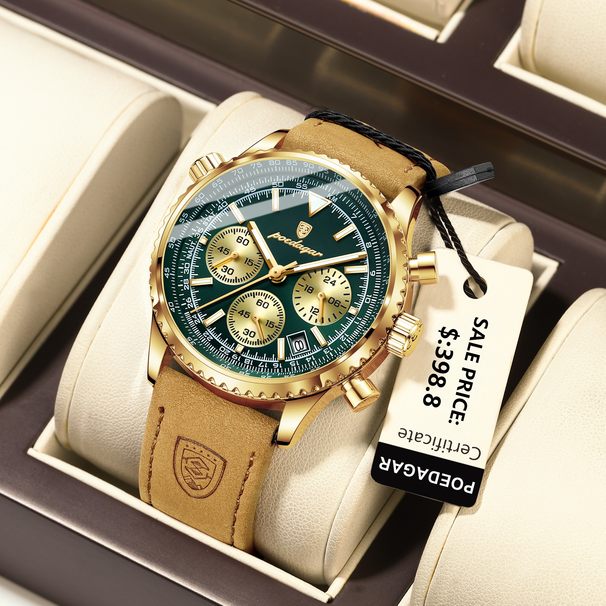 POEDAGAR Luxury Mens Quartz Watch Waterproof Luminous Chronograph with Date & Leather Strap