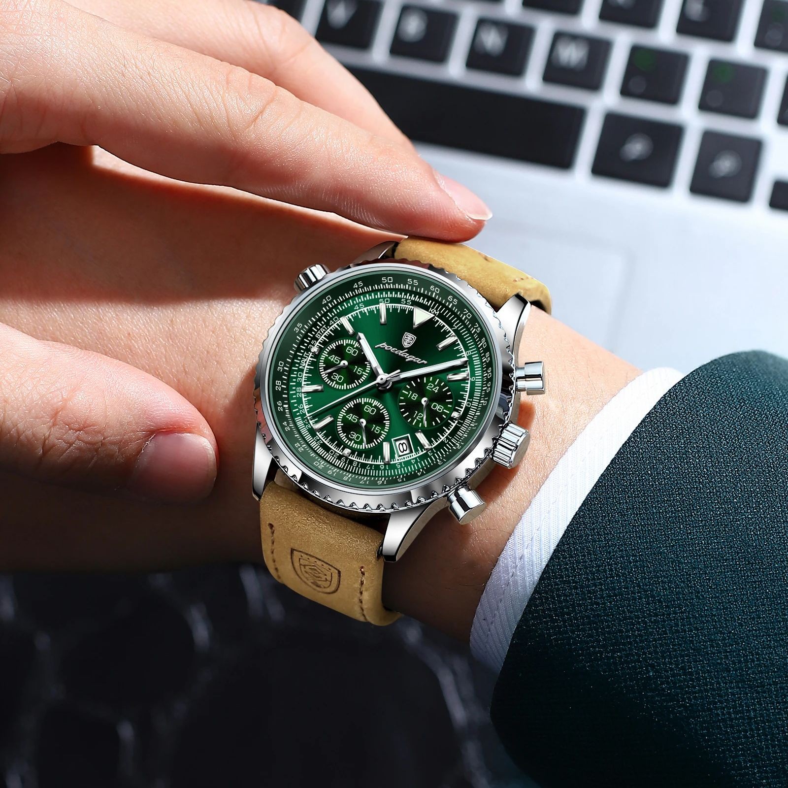 POEDAGAR Luxury Mens Quartz Watch Waterproof Luminous Chronograph with Date & Leather Strap