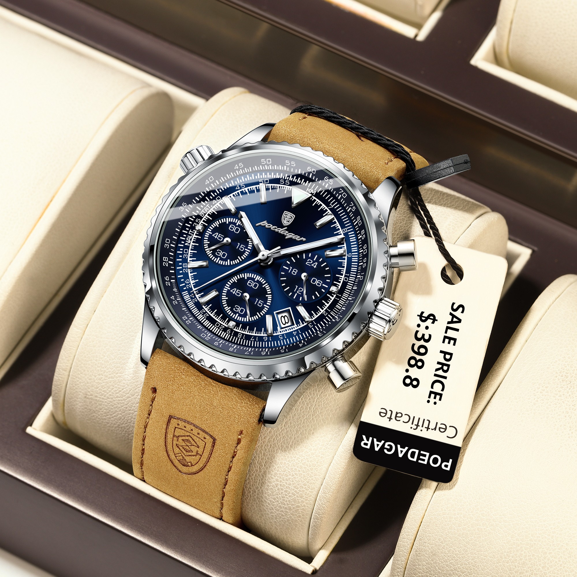 POEDAGAR Luxury Mens Quartz Watch Waterproof Luminous Chronograph with Date & Leather Strap