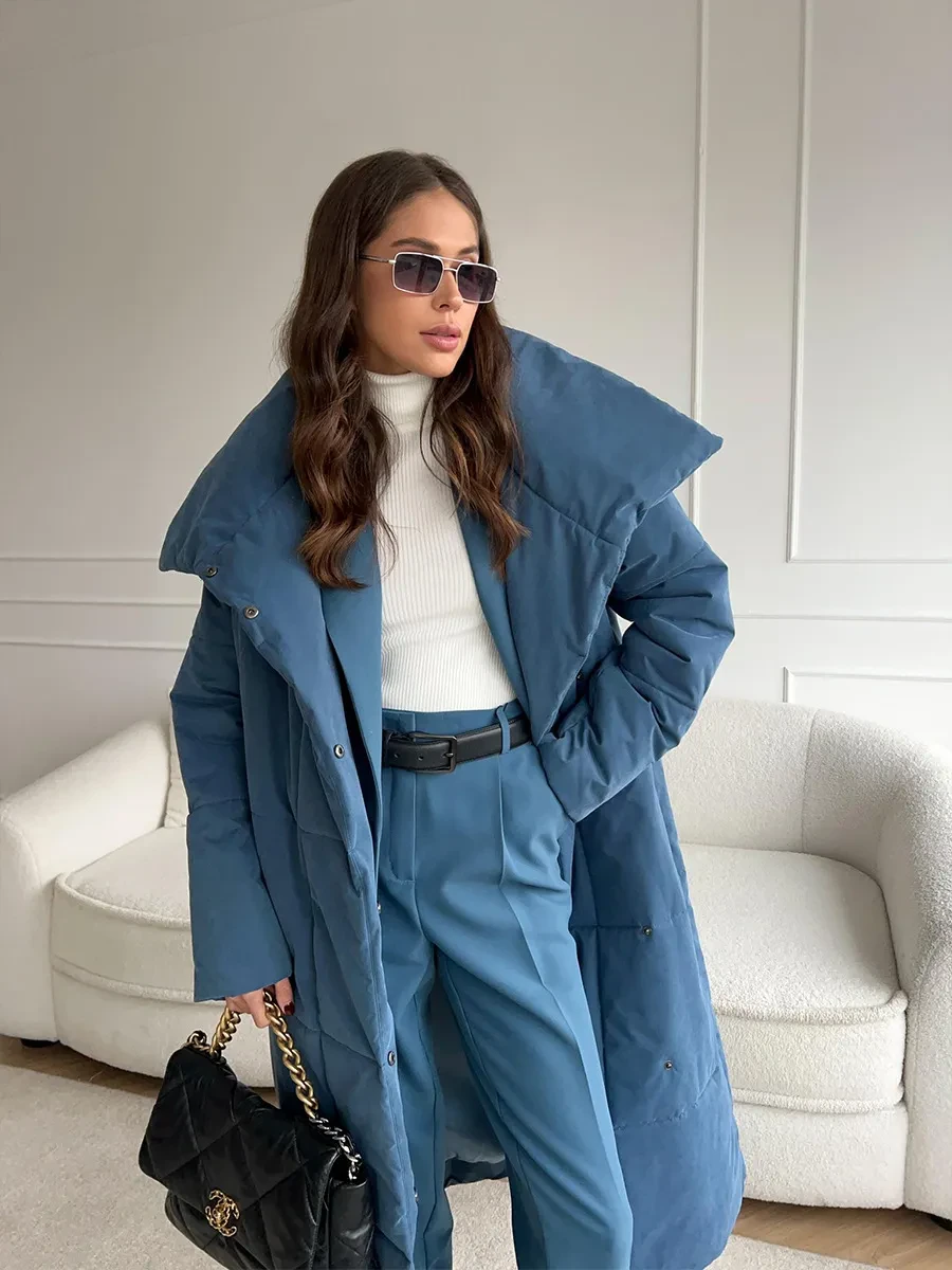 Fashion Large Lapel Long Coat Winter Warm Cotton Jacket With Pockets And Lace-up Design Casual Solid Color Thick Coat For Women Outwear Clothing