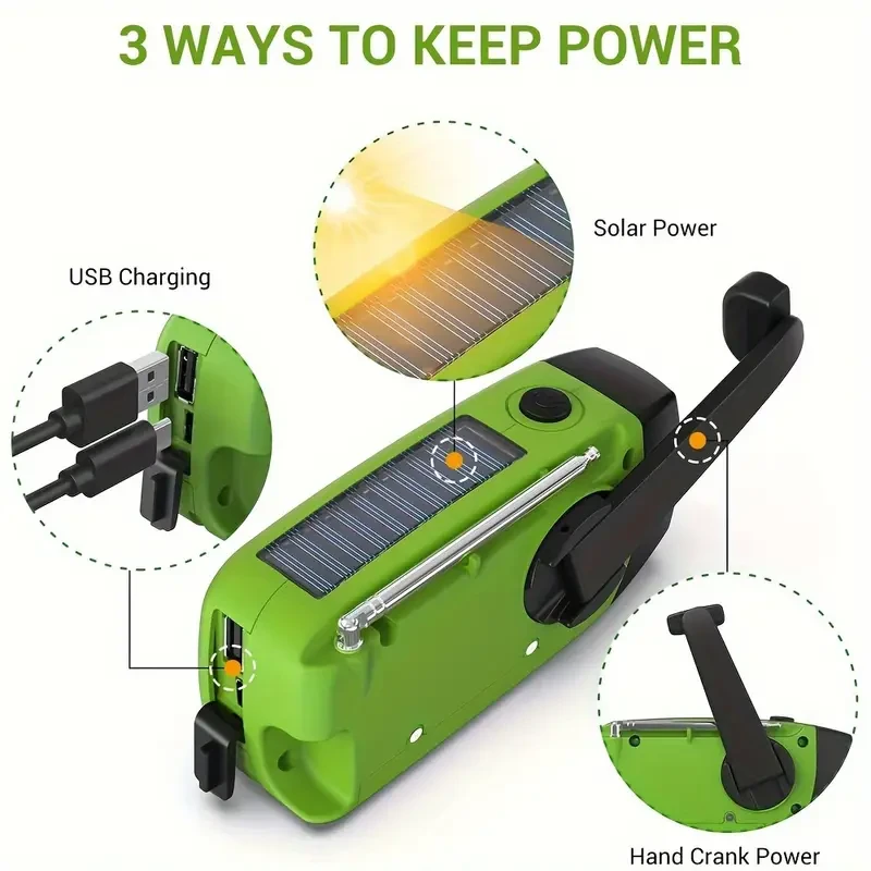Emergency Hand Crank Radio with 2000mAh Power Bank Phone Charger, AM/FM/NOAA Portable Weather Radio with 3 LED Flashlight
