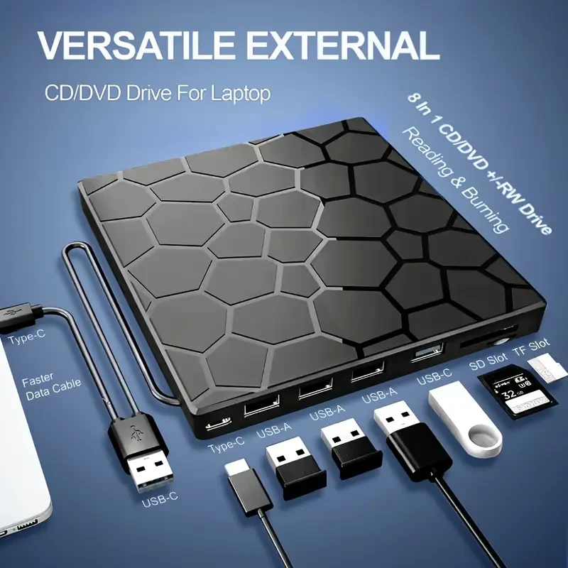 8-in-1 Ultra-Slim Portable External CD/DVD Drive - High-Speed USB 3.0 DVD Player and CD Burner for Laptop and Desktop