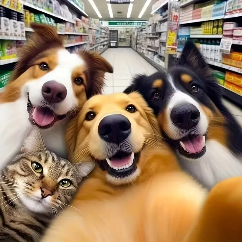 Selfie Dogs with Cat Animal Theme - Round Full Drill Diamond Art