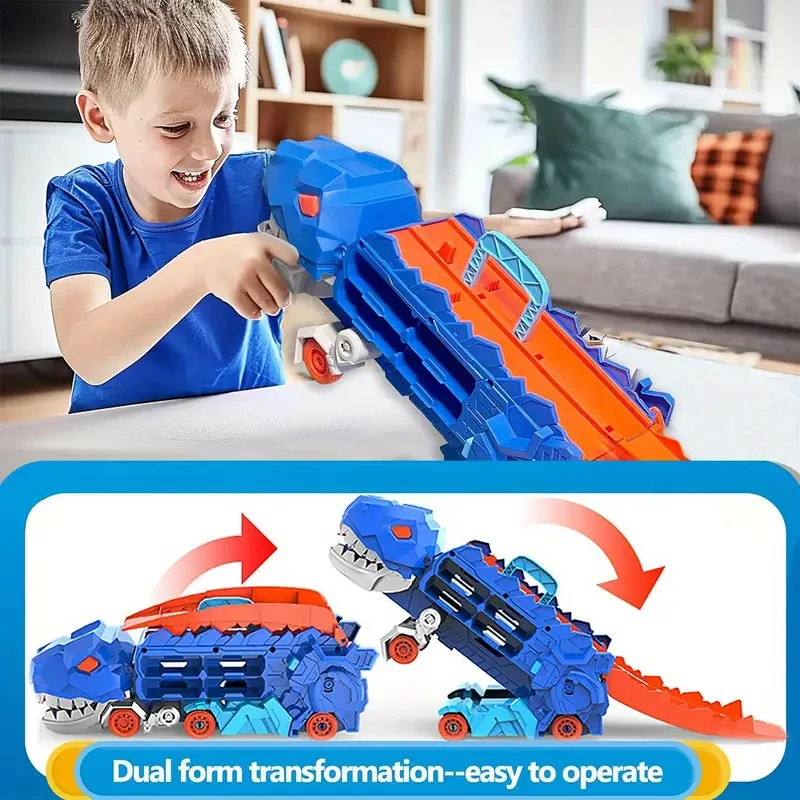 Dinosaur Transport Truck with Foldable Race Track and Toy Cars Set - Friction Powered Vehicle Playset for Kids Age 3-6, Interactive Ejection Racing Game, Durable ABS Construction