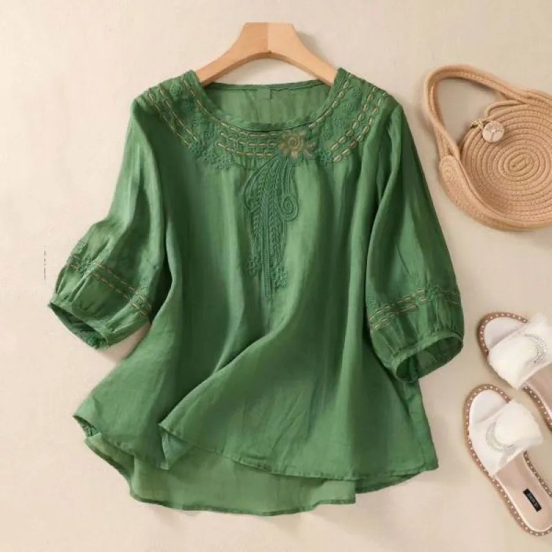 Spring And Summer Loose Artistic Vintage Cotton And Linen Embroidered Shirt