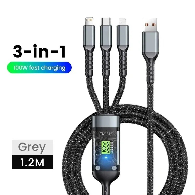 3-in-1 100W Transparent Fast Charging Cable - Type-C, USB, Micro USB