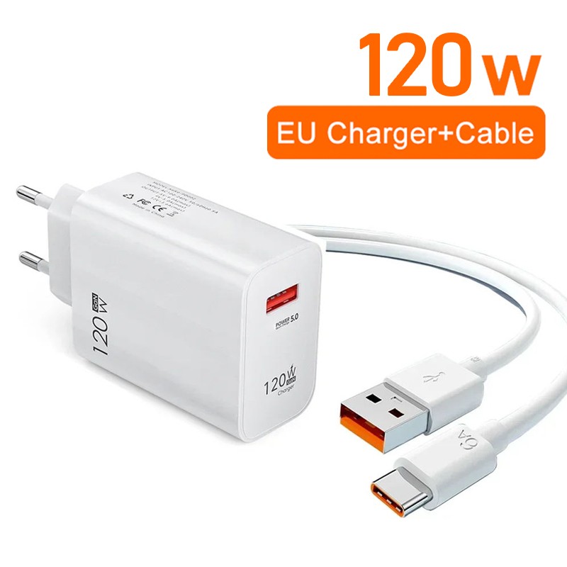 Original 120W Ultra Fast Charger with 6A Type-C USB Turbo Charging Cable
