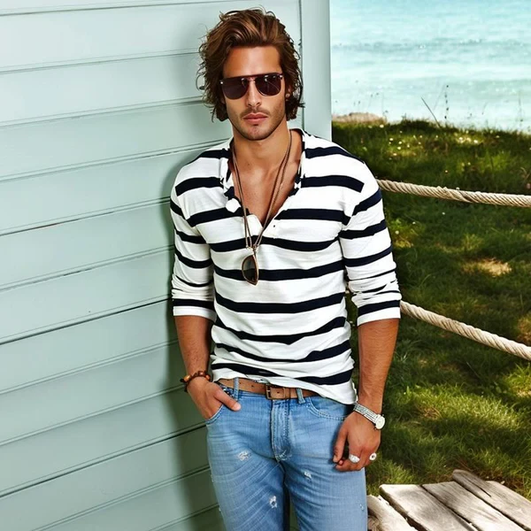 Men's Casual Striped Henley Collar Long Sleeve T-shirt