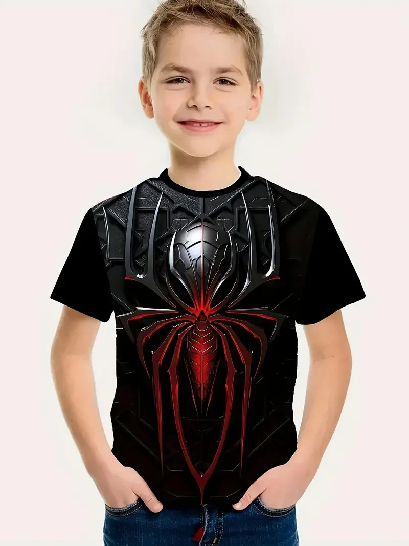 Gradient Color Metal Spider Pattern Print Boy's Short Sleeve Crew Neck T-shirts, Summer Cozy Tops For Outdoor Casual Activities