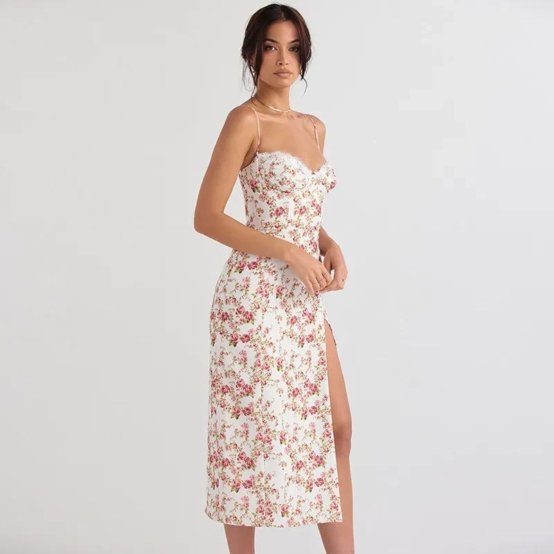 Lace Flowers Print Long Dress Sexy Fashion Slit Suspender Dress