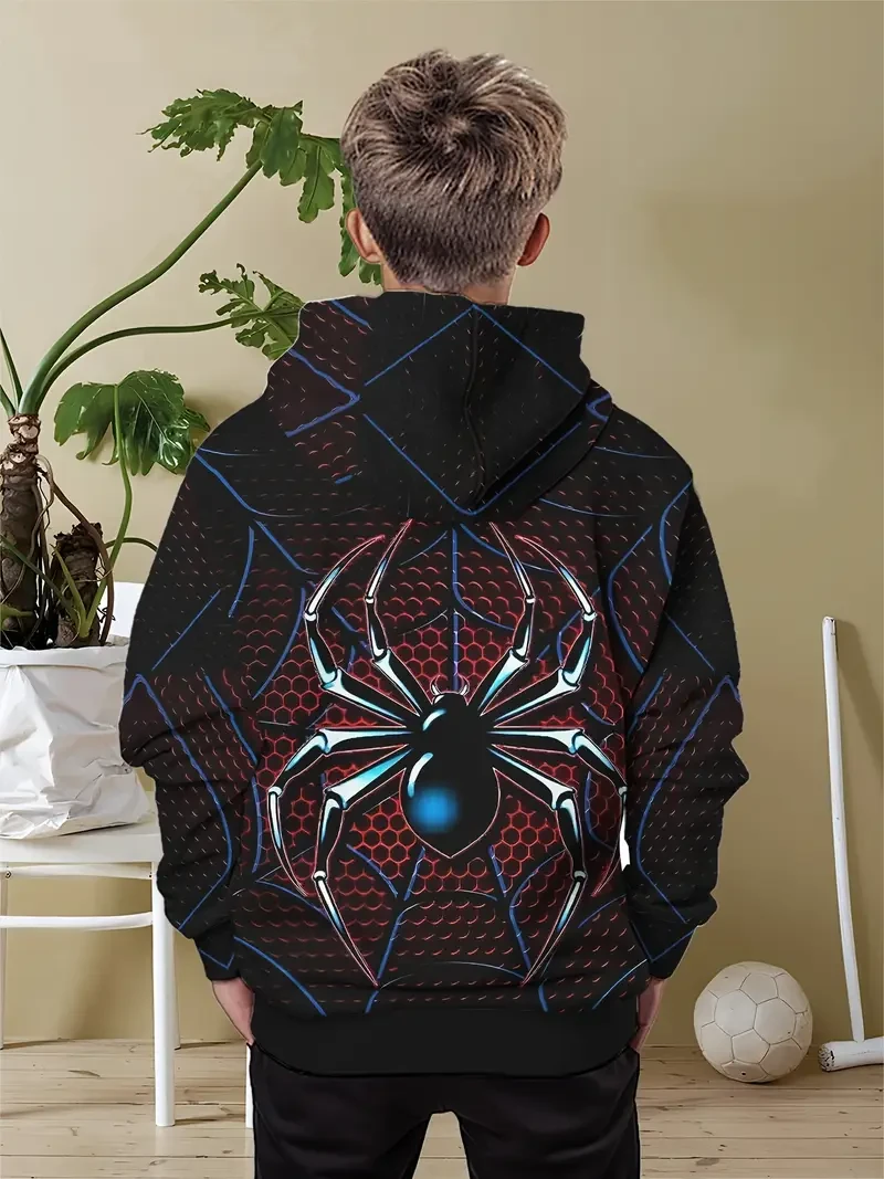 Boys' Cool 3D Spider Print Hoodie - Soft & Breathable, Perfect for Spring/Fall Outdoor Fun & Casual Wear