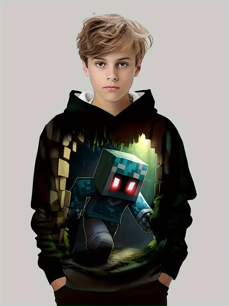 Boys' 3D Cartoon Print Hoodie - Casual Long Sleeve Pullover with Pockets, Perfect for Fall & Winter Outdoor Play