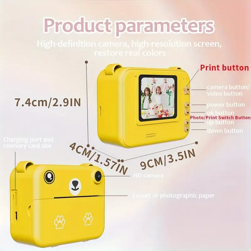 Instant Print Digital Camera for Kids, HD Video, Rechargeable 1500mAh Battery, Timer Function, with 3-12 Years Old, for Christmas & Birthday Gifts