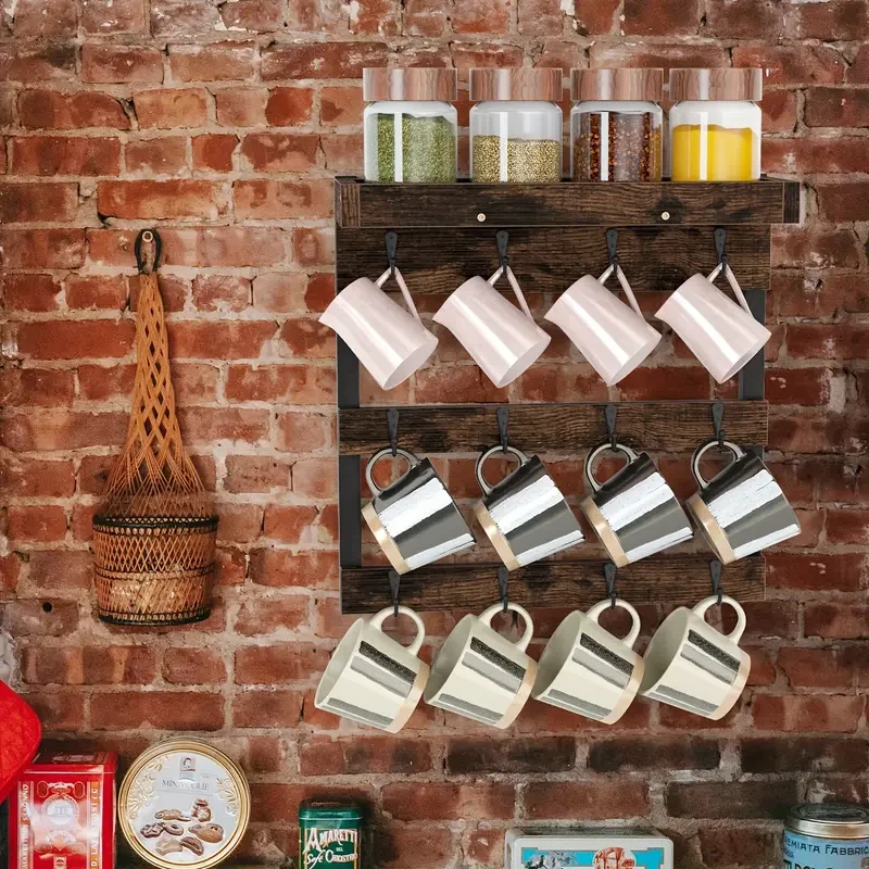 12 Hooks Wood Coffee Cup Holder Mug Storage Wall Mount
