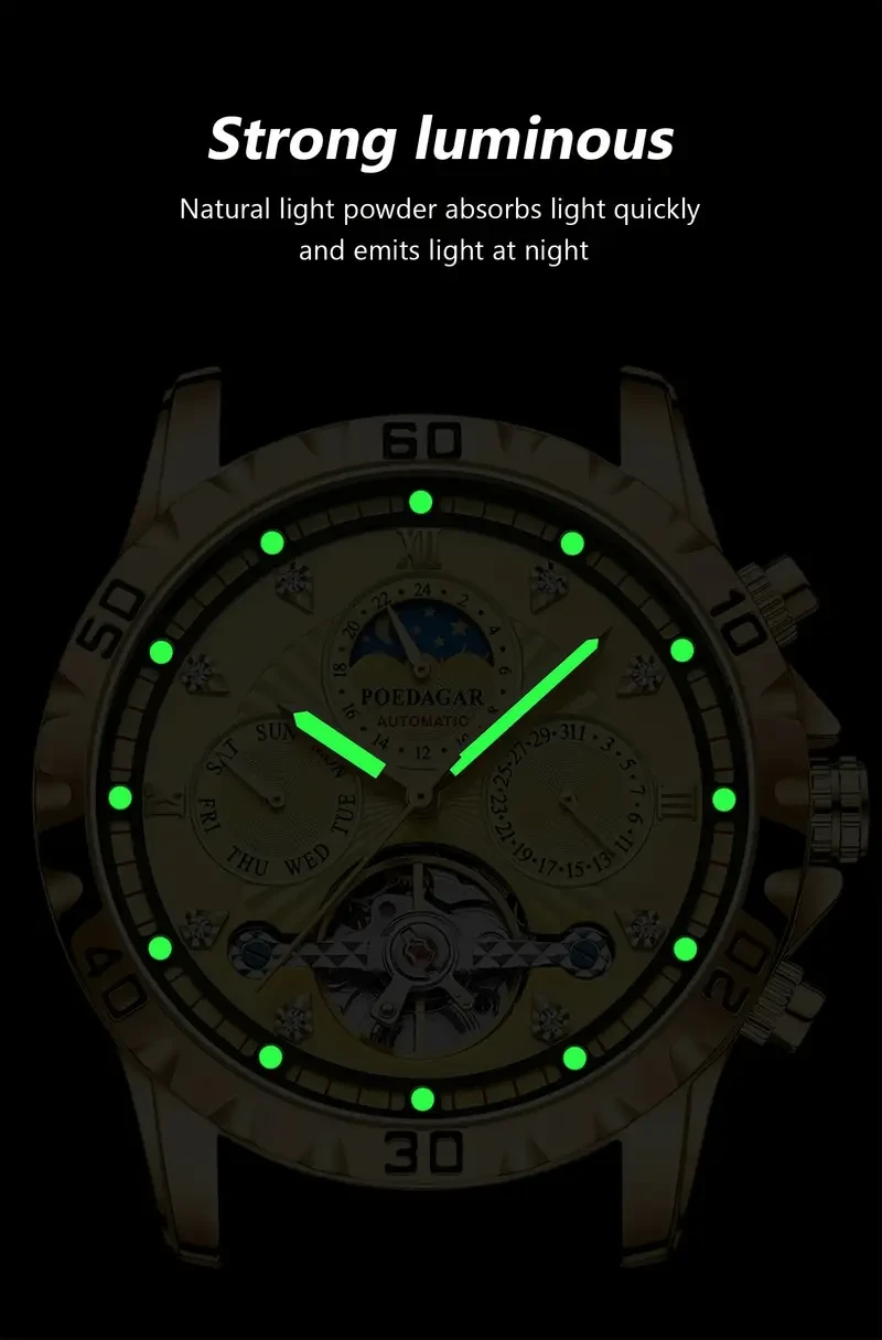 Waterproof Luxury Stainless Steel Automatic Mechanical Watch for Men with Moon Phase, Hollow Tourbillon, Luminous Date, Week Calendar Display