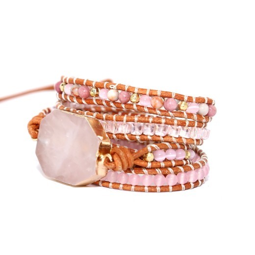 Natural Pink Spar Bracelet Beaded Natural Stone Woven