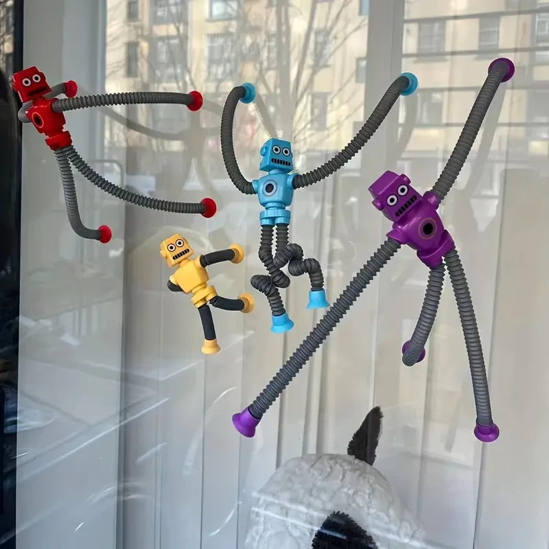 8-Piece Stretchy Robot Toy Set with Suction Cups, Includes 4 Color