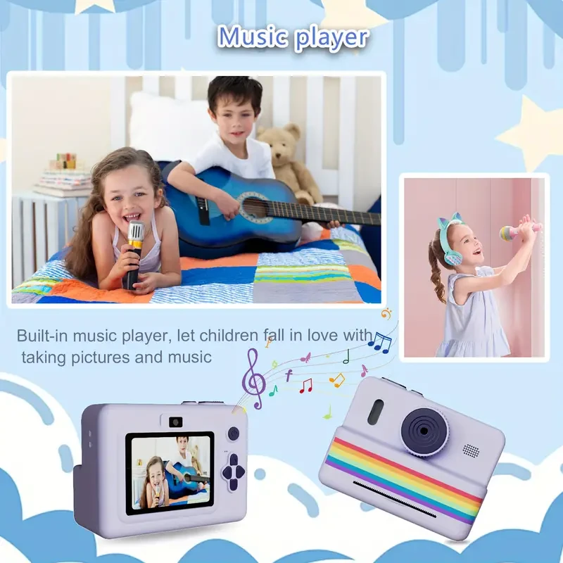 Dual Lens Instant Print Camera for, 7.11cm Display, Zero Ink Printing, Photo & Video Recording, MP3 & Games, Rechargeable Lithium Polymer Battery, Self-Timer Function, Creative Toy for Birthday, Halloween, Christmas Gift