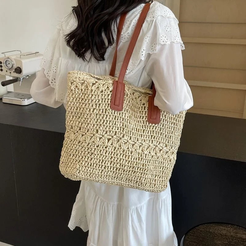 French Straw Woven Bag, Ethnic Style Leisure Solid Color, Large Capacity Tote Bag
